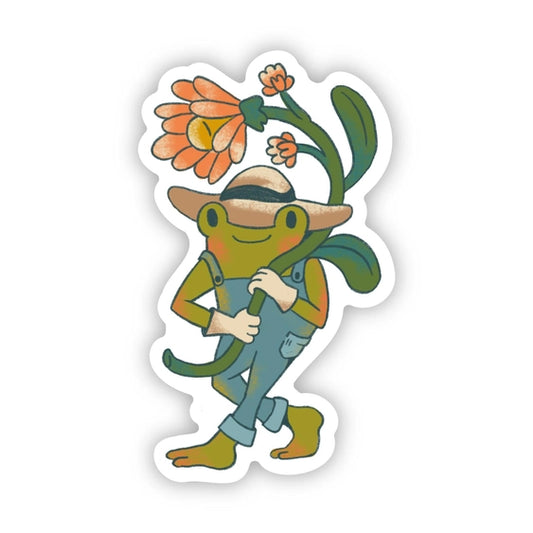 Frog in Overalls Hugging Flowers Sticker Big Moods