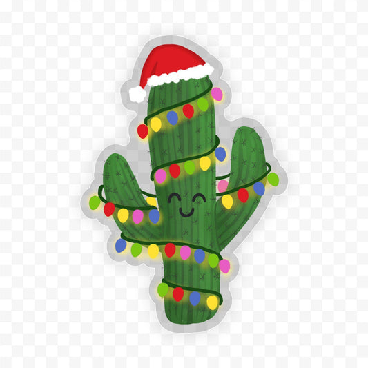 Cactus Wearing Winter Lights - Clear Holiday Sticker